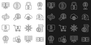 Kripto para birimi bitcoin kilidini El 'in elinde anahtar devresi ve bulut madenciliği ikonu ile ayarla. Vektör.