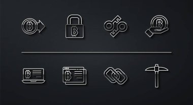 Satır Bitcoin Madencilik bitcoin dizini dizüstü bilgisayardan elde tutulan zincir bağlantı tarayıcı kilidi ile Kazma ve Kripto para anahtar simgesi. Vektör.