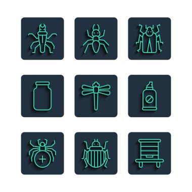 Örümcek Colorado böcek kovanını arılar için ayarla. Böcek böceği Dragonfly cam kavanozu termit ve böcek ikonuna karşı püskürt. Vektör.