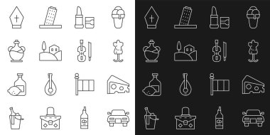 Araba Peyniri Mankeni Mankeni Ruj Köyü manzarası zeytin yağı Papa şapkası ve keman ikonu. Vektör.