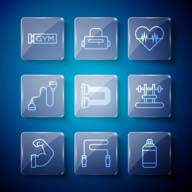 Vücut geliştirici kas yapıcı ip atlama kum torbası kalp atış hızı genişletme spor salonu ve barbel ikonuyla Bench. Vektör.