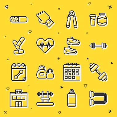 Göğüs açıcı Dumbbell Barbell Spor Kalp atış hızı hapı ve spor ayakkabı ikonu ayarla. Vektör.