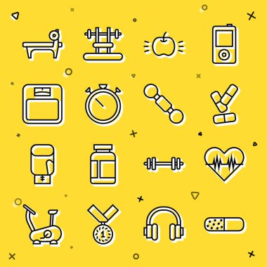 Vitamin hapı kalp atış hızı Apple Stopwatch banyo saati ölçeği Barbel ve Dumbbell ikonu ile Bench 'i ayarlayın. Vektör.