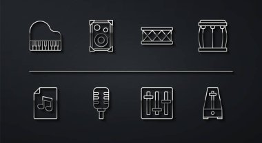 Büyük Piyano Müzik Kitabı 'nı Drum Sound karıştırıcı denetleyici mikrofon hoparlörü Metronome sarkacı ve simgesi ile ayarla. Vektör.