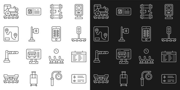 Установить линию дорожного транспортного указателя железнодорожного вокзала борту легких разбитых рельсов железнодорожного пути Расположение Винтажный локомотив и купить билет на поезд онлайн иконка. Вектор.