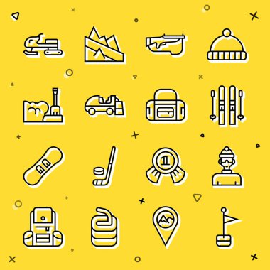 Çizgi konum belirleyici Kış sporcusu Kayak ve Biatlon tüfeği Buz Yüzücü Kürek Kar Aracı ve Spor çanta ikonu. Vektör.