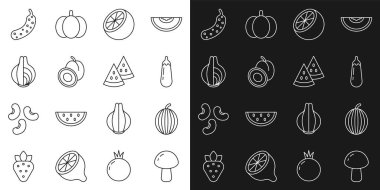 Mantar karpuz patlıcan portakallı meyve erik soğanı salatalık ve ikon. Vektör.