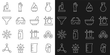 H2O Test tüpü standının kimyasal patlama formülünü hazırlayın. Alkol, ruh yakıcı, koruyucu gözlük, huni, mikroskop ve havan topu ikonu. Vektör.