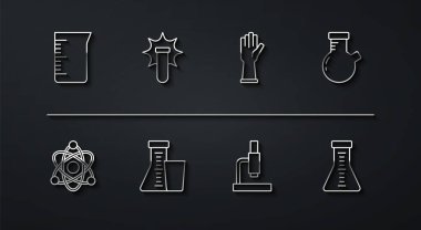 Laboratuvar cam süslemesi ya da deney tüpü ve mikroskop mikroskobu patlaması ve tıbbi kauçuk eldiven ikonu ayarlayın. Vektör.