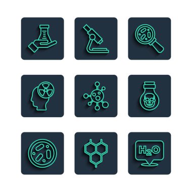 Petri kabını bakteri formüllü H2O mikroorganizmalarla büyüteç başlığı ve radyasyon sembolü Test tüpü ve şişe ikonunda zehir altında ayarla. Vektör.