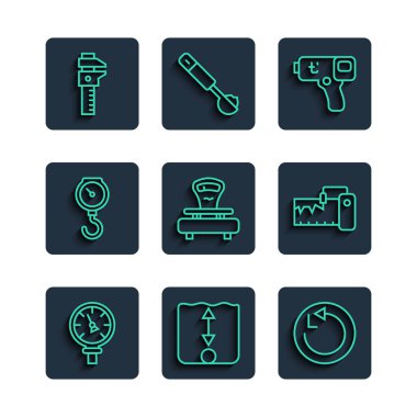 Basınç ölçer Derinlik Yarıçapı Dijital Termometre El ölçekli yaylı mekanik Calliper veya kalibre ve Ölçüm aygıtı simgesini ayarla. Vektör.