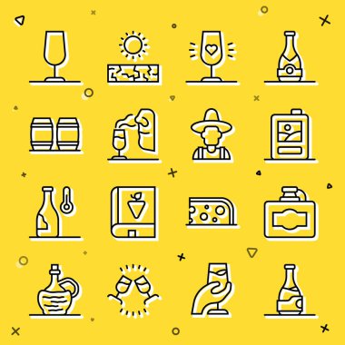 Şarap şişesi, karton kutu şarap, şarap kadehi, ahşap şarap fıçısı ve şapka ikonu çiftçi. Vektör.