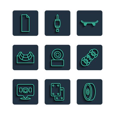 Kaykay tekerleği dizlik dizlikler, kaykay ve kırık ikon üzerindeki parkın kavis bandı. Vektör.