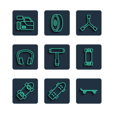 Çizgi çizgisi Y-aracı T kulaklıklar sinema kamerası ve Uzuntahta veya kaykay simgesi. Vektör.