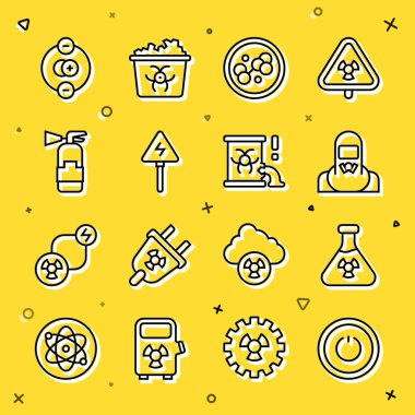 Güç hattı test tüpü radyasyon test tüpü nükleer reaktör işçisi Molekül Yüksek voltaj işareti yangın söndürücü atomu ve radyoaktif atık ikonu. Vektör.