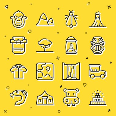 Chichen Itza 'yı Maya Safari arabası Meksika Maya veya Aztek maskeli Afrika Sivrisinek Ağaç Yürüyüşü sırt çantası maymunu ve kamp feneri ikonu olarak ayarla. Vektör.