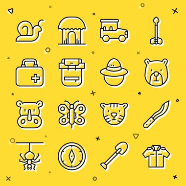 Sıraya dizilin, Shirt Machete Bear, Safari araba, yürüyüş, ilk yardım çantası, salyangoz ve kamp şapkası ikonu. Vektör.