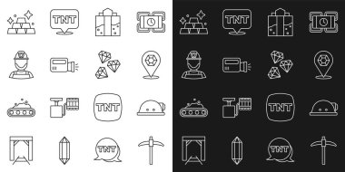 Çizgi çizme, Miner miğferi Mücevher taş girişi, Flashlight Gold külçeleri ve simgesi. Vektör.