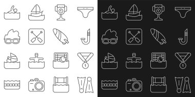 Yüzme dalında Flippers takımı, Şnorkel Ödüllü Kürek Gözlüğü Yüzücü ve Sörf tahtası ikonu. Vektör.