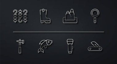 Izgara şiş kebabı, şiş çekiç büyüteç, el feneri, su geçirmez lastik bot, İsviçre çakısı ve dağ ikonu. Vektör.