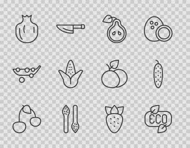 Cherry Leaf Eco sembolü Pear Asparagus Nar Nar Mısır Çileği ve Salatalık ikonu. Vektör.