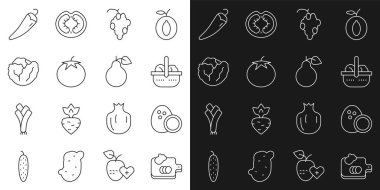 Hat kesme tahtasını sebze, hindistan cevizi sepeti ve yiyecek üzümlü domates, acı biber ve şeftali ikonu ile ayarla. Vektör.