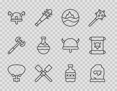 Boynuzlu miğfer, şişe iksiri, viski şişesi ve parşömen parşömeni ikonu içinde Viking teknesi dalgalanır veya kürek çekilir. Vektör.