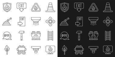 Yangın merdiveni yangın merdiveni, yangın çıkışı yangın söndürme kalkanı ve yangın söndürme sistemi ikonu ile hat konumunu ayarlayın. Vektör.