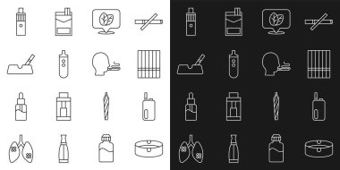 Kül tablası Elektronik Sigara Tütünü yaprağını Vape mod cihazı ve Man sigara ikonu ile ayarla. Vektör.