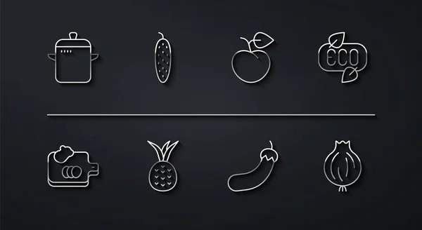 Встановіть Лінію Кулінарний Горщик Обробна Дошка Овочами Листя Еко Символ — стоковий вектор