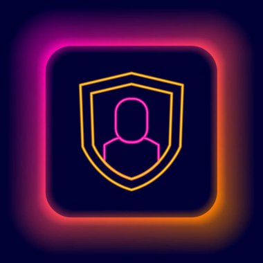 Parlayan neon hattı kullanıcı koruma simgesi siyah arkaplanda izole edildi. Güvenli kullanıcı girişi, şifre koruması, kişisel veri koruması, kimlik doğrulaması. Renkli taslak konsepti. Vektör.