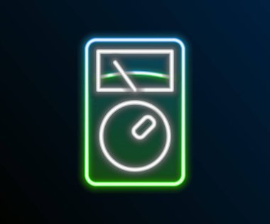 Parlayan neon hattı Ampere metre, multimetre, voltmetre simgesi siyah arkaplanda izole edildi. Elektrik akımını ölçmek için araçlar. Renkli taslak konsepti. Vektör.