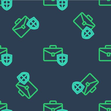 Kalkan simgesine sahip çizgi çantası mavi arkaplanda izole edilmiş kusursuz desen. Sigorta konsepti. Güvenlik, güvenlik, koruma, konsept koruma. Vektör.