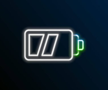 Siyah arkaplanda izole edilmiş kamera simgesi için parlayan neon hat bataryası. Şimşek sembolü. Renkli taslak konsepti. Vektör.