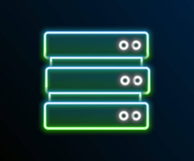 Parlayan neon hattı Sunucu, Data, Web sunucu simgesi siyah arkaplanda izole edildi. Renkli taslak konsepti. Vektör.