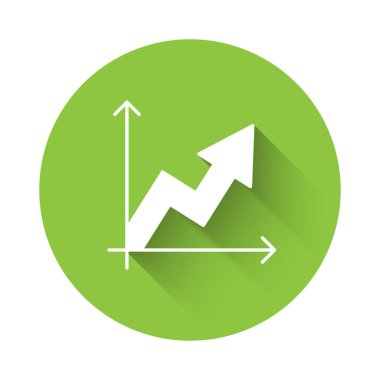 Beyaz Finansal büyüme ikonu uzun gölgeli arka planda izole edildi. Gelirleri arttırıyorum. Yeşil daire düğmesi. Vektör.