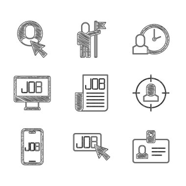 İş tanımlama rozetini, kafa avlama zamanını ve işçi simgesini ayarla. Vektör.