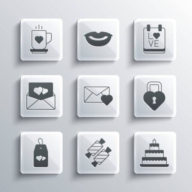 Şeker Düğün Pastası Şatosu 'nu Sevgililer Günü' nün Zarfı şeklinde ayarlayın. Lütfen kahve fincanı ve Takvim 14 Şubat ikonunu rahatsız etmeyin. Vektör.