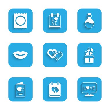 Kalpli İki Bağlı Kalpli Takvim 'i kalp mesajı kutusu kalpleri sevgililer günü broşürü gülümseyen dudaklar aşk iksiri ve kondom paketi ikonu ile ayarla. Vektör.