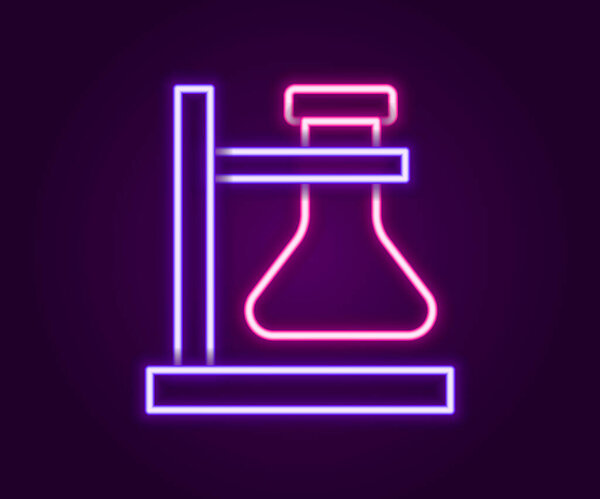 Glowing neon line Glass test tube flask on stand icon isolated on black background. Laboratory equipment. Colorful outline concept. Vector.