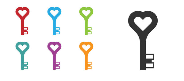 Black Key in heart shape icon isolated on white background. Happy Valentines day. Set icons colorful. Vector.