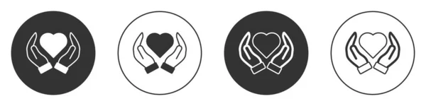 白の背景に隔離された手のアイコンで黒のハート 愛のシンボルを与える手 バレンタインデーのシンボル 丸ボタン ベクトル — ストックベクタ