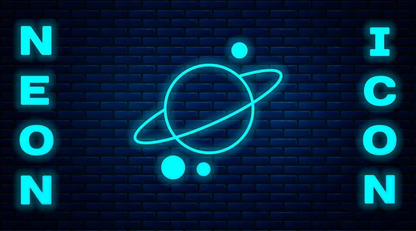 レンガの壁の背景に隔離された惑星リングシステムのアイコンでネオン惑星土星を輝く ベクトル — ストックベクタ