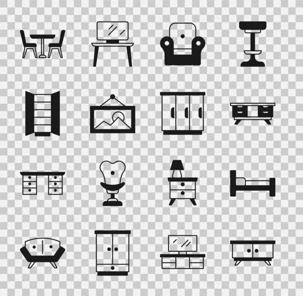 Set Furniture Nightstand Bed Table Armchair Picture Wardrobe Table Icon — Stock Vector