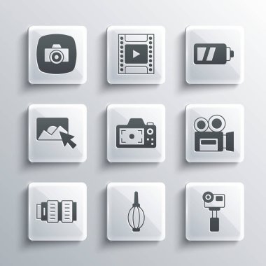 Toz üfleyici Eylem Ekstrem Kamera Retro Kamera Fotoğraf Kamerası lens rötuşlama ve simge için Batarya ayarlayın. Vektör.