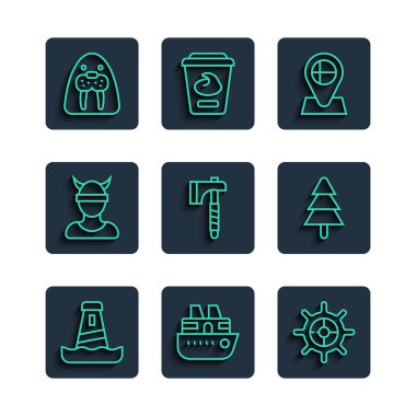 Deniz feneri seyir gemisinin dümen konumu İzlanda bayrağı baltası Viking baş deniz aygırı hayvan ve ağaç ikonu. Vektör.