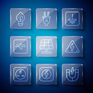 Elektrik prizi şimşek mıknatısı sembolünü ayarla. Güneş enerjisi paneli, DC voltaj kaynağı ampulü, yaprak ve yüksek simge ile. Vektör.