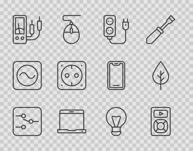 Satır Değiştirme 'yi elektronik devre müzik çalar, elektirikli uzatma, Ampere metre çoklu elektrik prizli lamba ışığı fikri ve Leaf Eco sembol ikonu olarak ayarla. Vektör.