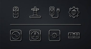 Hat pili şarjı AC voltaj kaynağı Gear ve yıldırım voltmetre voltmetre elektrik çıkış kulesi şalteri ve uzatma ikonu ayarlayın. Vektör.