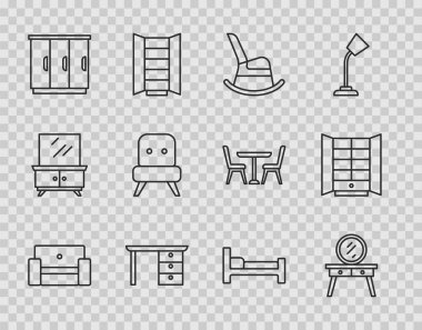 Koltuk Koltuğu Giydirme Masası Sallama Ofisi Gardırop Yatak ve Simgesi 'ni ayarla. Vektör.